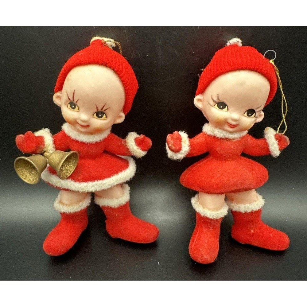 Vintage Mid-Century Girls Pixie Elfs Flocked Red Dress Japan Christmas Ornament